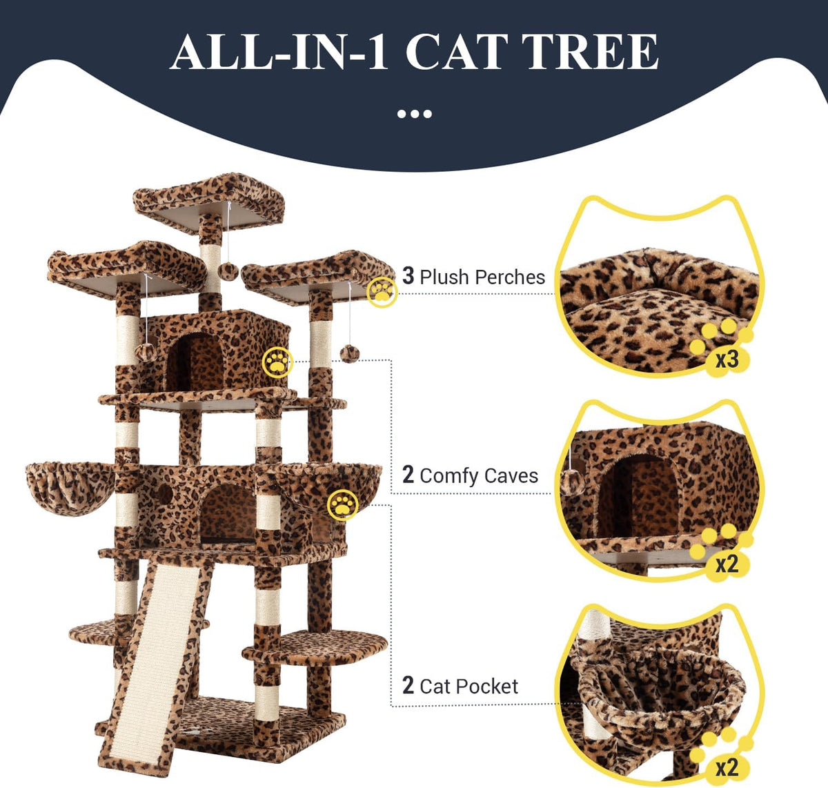 Allewie 68 Inches Cat Tree/House and Towers for Big Feline/Scratching Post/Multi-Level Large Kitty