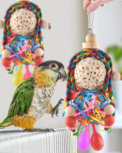Bissap Conure Toys, 2PCS Bird Parrot Foraging Shredder Hanging Toys Sola Balls with Sand Hammer for