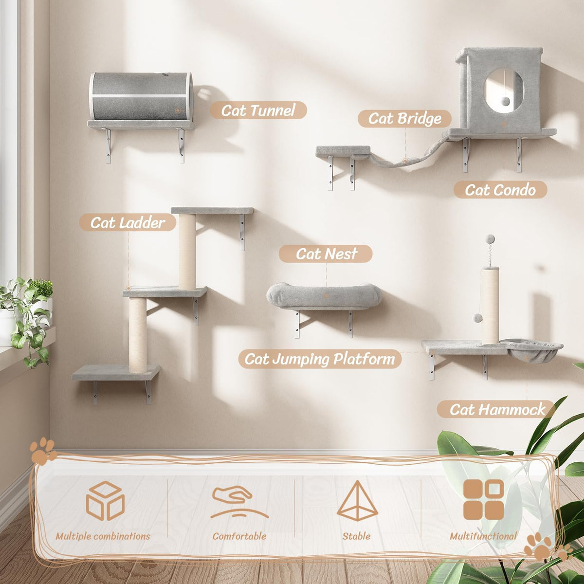NUNU LAB Cat Wall Shelves Set, 7 Pcs Wall-Mounted Cat Climber with Cat House, Tunnel, Bridge