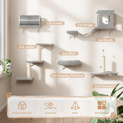 NUNU LAB Cat Wall Shelves Set, 7 Pcs Wall-Mounted Cat Climber with Cat House, Tunnel, Bridge