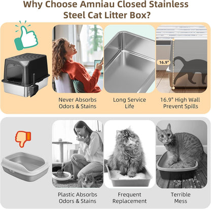 Stainless Steel Cat Litter Box with Lid, Extra Large, Great for Large & Small Cats, Easy to Clean