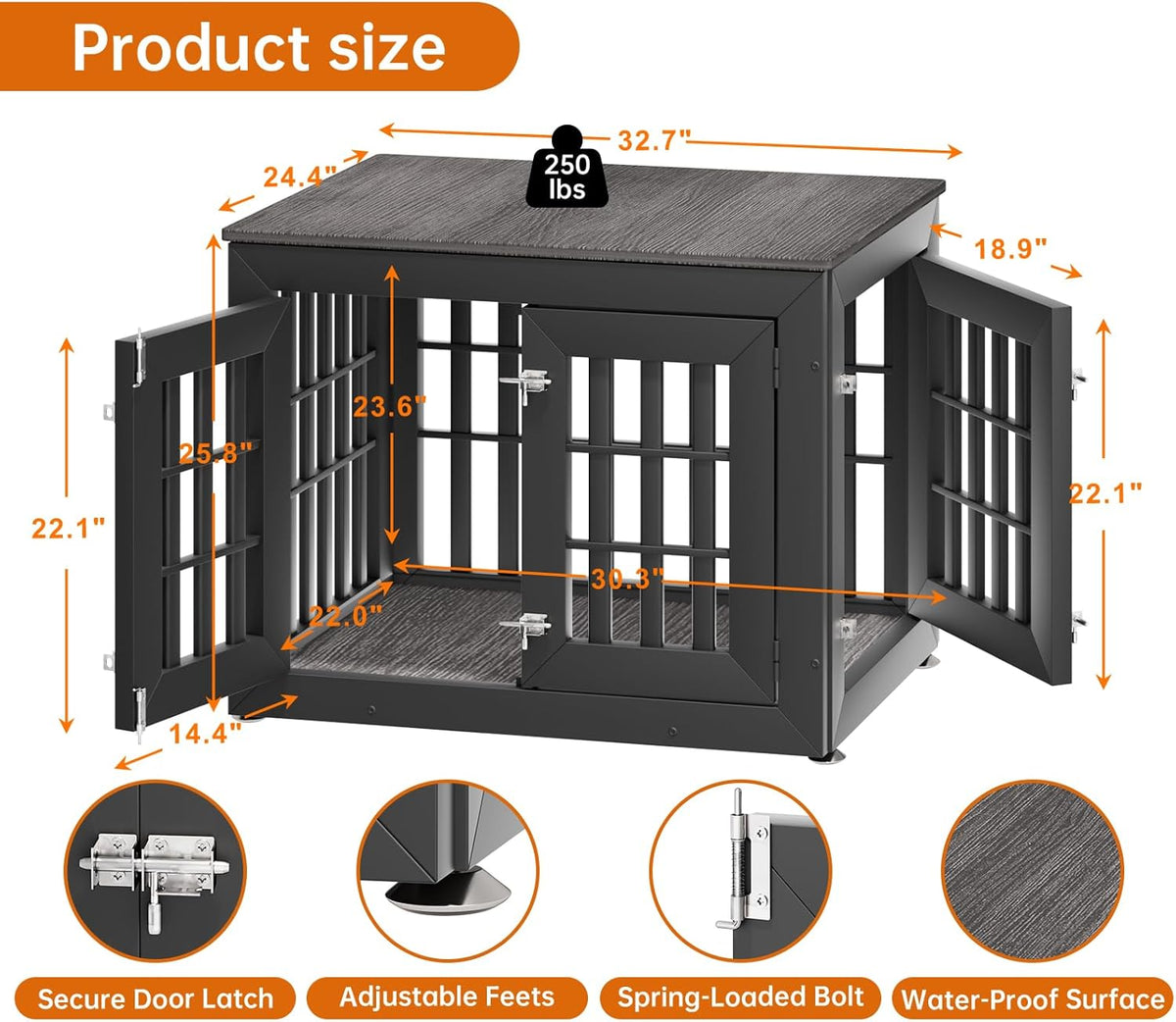 32" Heavy Duty Dog Crate Furniture for Small,Medium and Large Dogs,Rustic Wooden Dog Cage Kennel