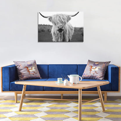 XXMWallArt FC3669 Highland Cow Canvas Art - Black and White Animal Wall Art for Living Room