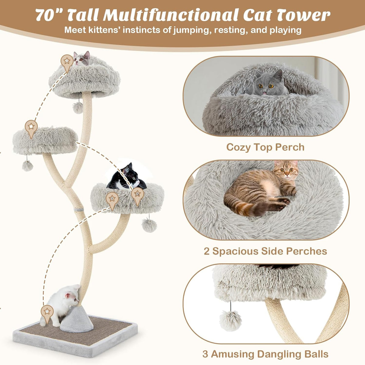 PETSITE 70" Tall Cat Tree, Cat Tower with Scratching Posts and Board, Multi-Level Cat Tower for
