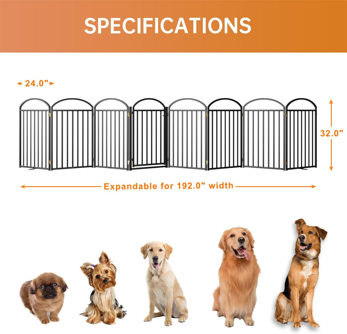 8 Panles Full Matel Freestanding Dog Gates with Door, 192"Extra Wide 32"Tall Free Standing Dog Pet
