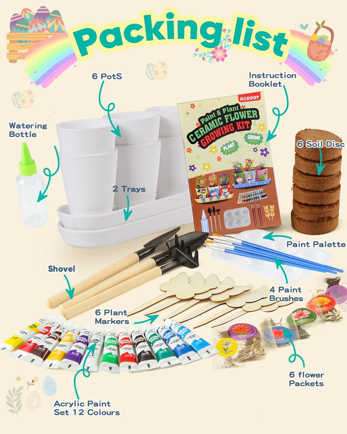 RGBDOT Kids Gardening Set Paint and Plant Stoneware Flower Growing Kit with 6 Pots and Gardening