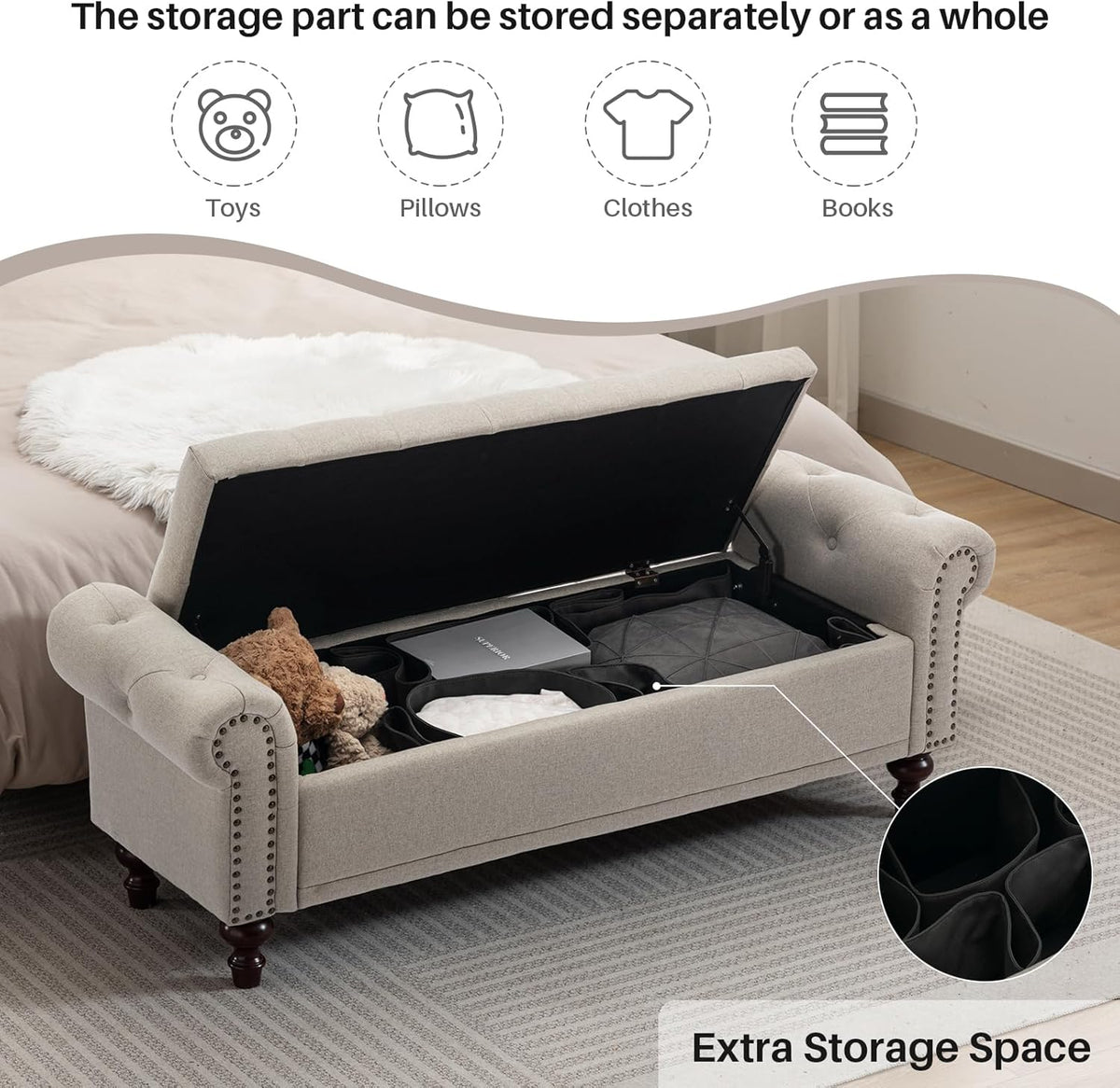 58.1'' Storage Bench Upholstered Linen End of Bedroom Bed Bench Ottoman with Tufted Cushioned