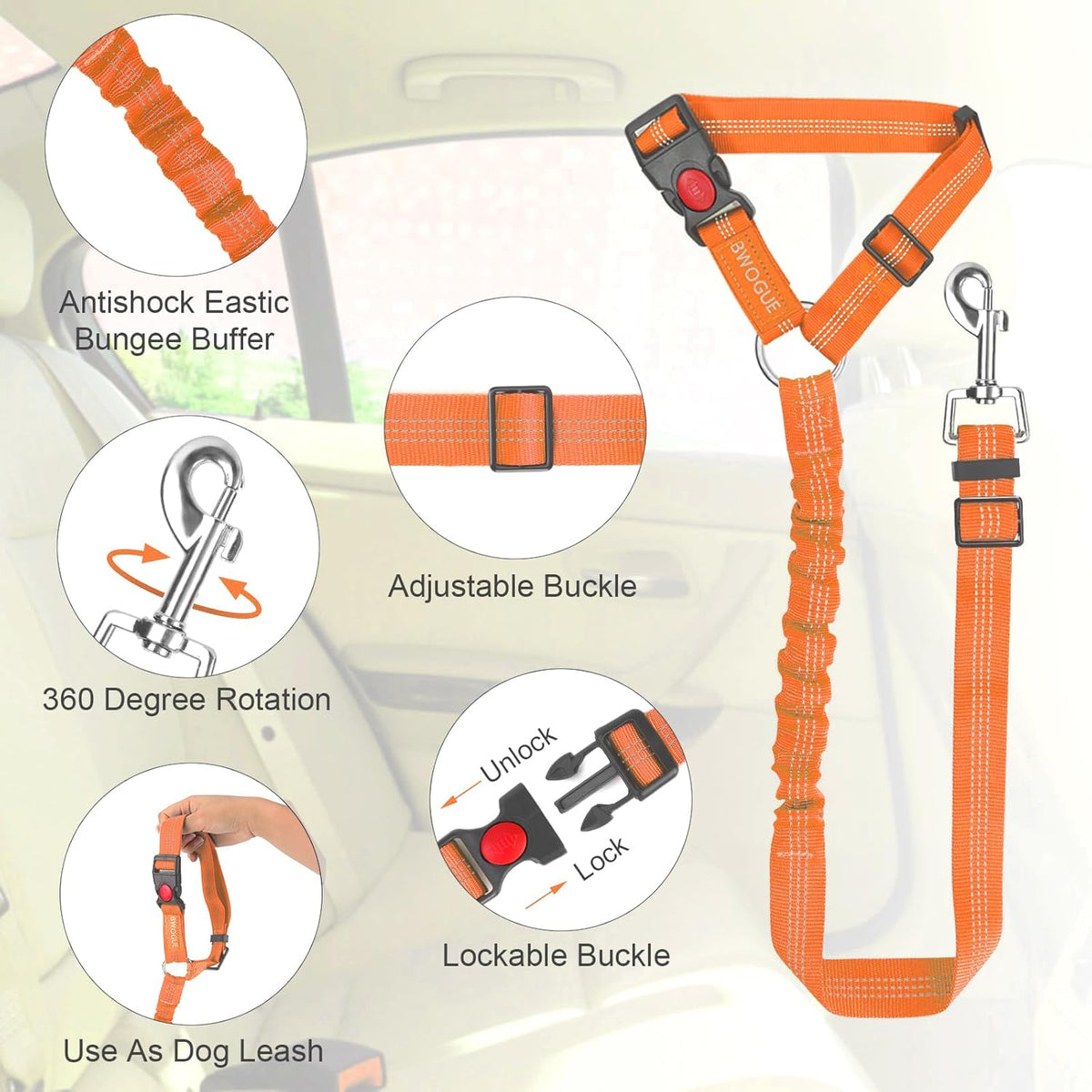 BWOGUE Pet Dog Cat Seat Belts, Car Headrest Restraint Adjustable Safety Leads Vehicle Seatbelt