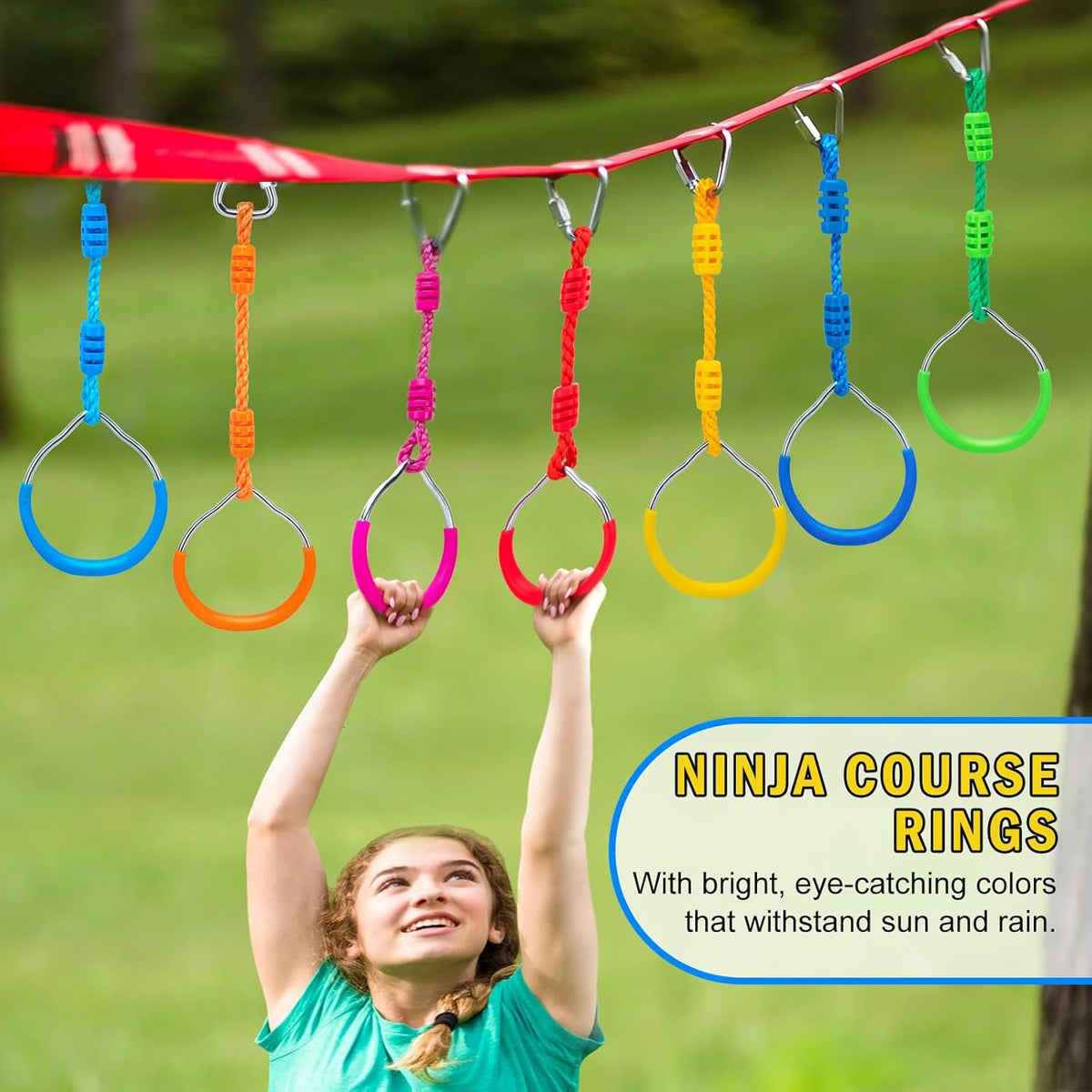 Ninja Obstacle Course Attachments - 7 Course Rings, 2 Monkey Bars, 2 Warrior Wheels, Outdoor
