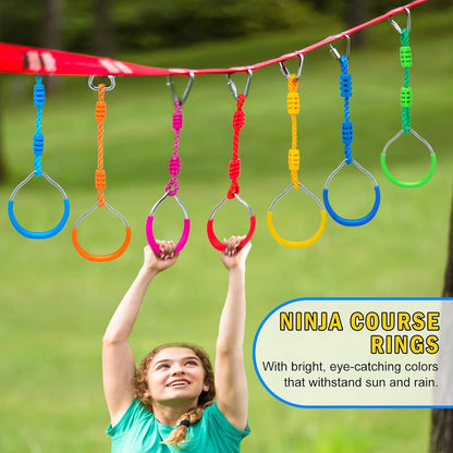 Ninja Obstacle Course Attachments - 7 Course Rings, 2 Monkey Bars, 2 Warrior Wheels, Outdoor