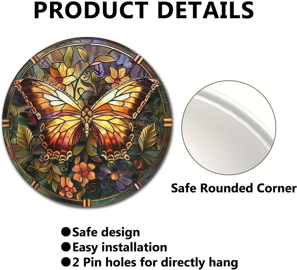 Lygond Metal Sign Tin Sign Circular Stained Glass Butterfly Funny Bathroom Decor for Garage 8×8