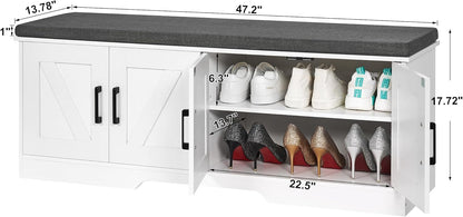 2-Tier Storage Bench, Shoe Bench with Padded Seat Cushion, Entryway Bench with 4 Barn Doors
