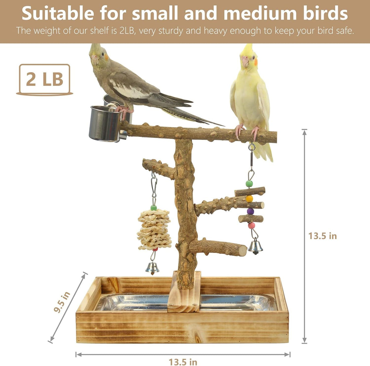 Natural Wood Bird Toys Playground, Bird Cage Accessories, Bird Perches, with Removable Tray and 2