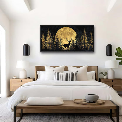 Large Moon Deer Forest Wall Art for Living Room, Black Gold Canvas Oversized Wall Decor, Elk Animal