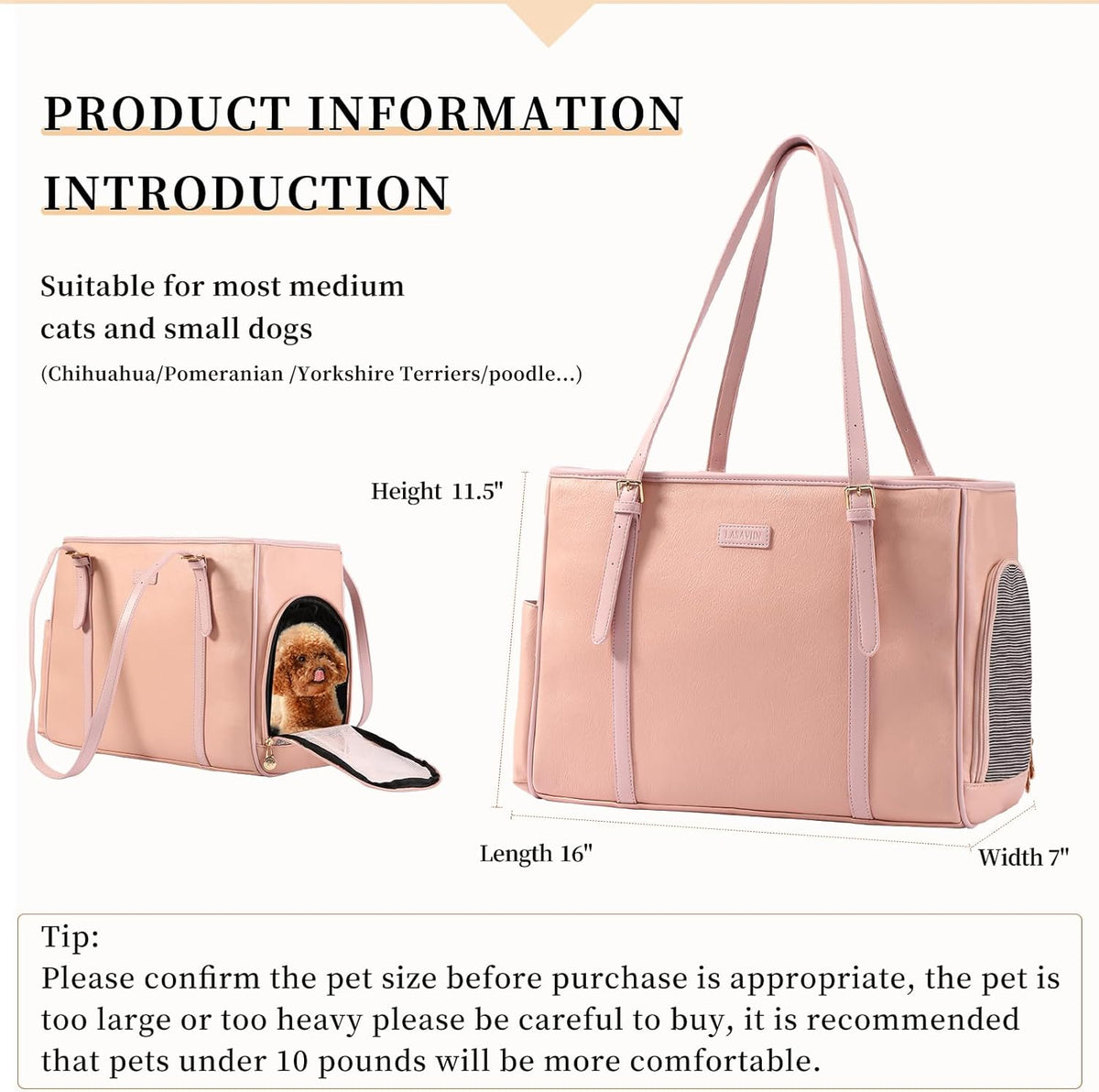 Fashion Dog Purse Pet Carrier Leather Bag for Small Dogs Cats Puppy, Portable Tote Bag Airline