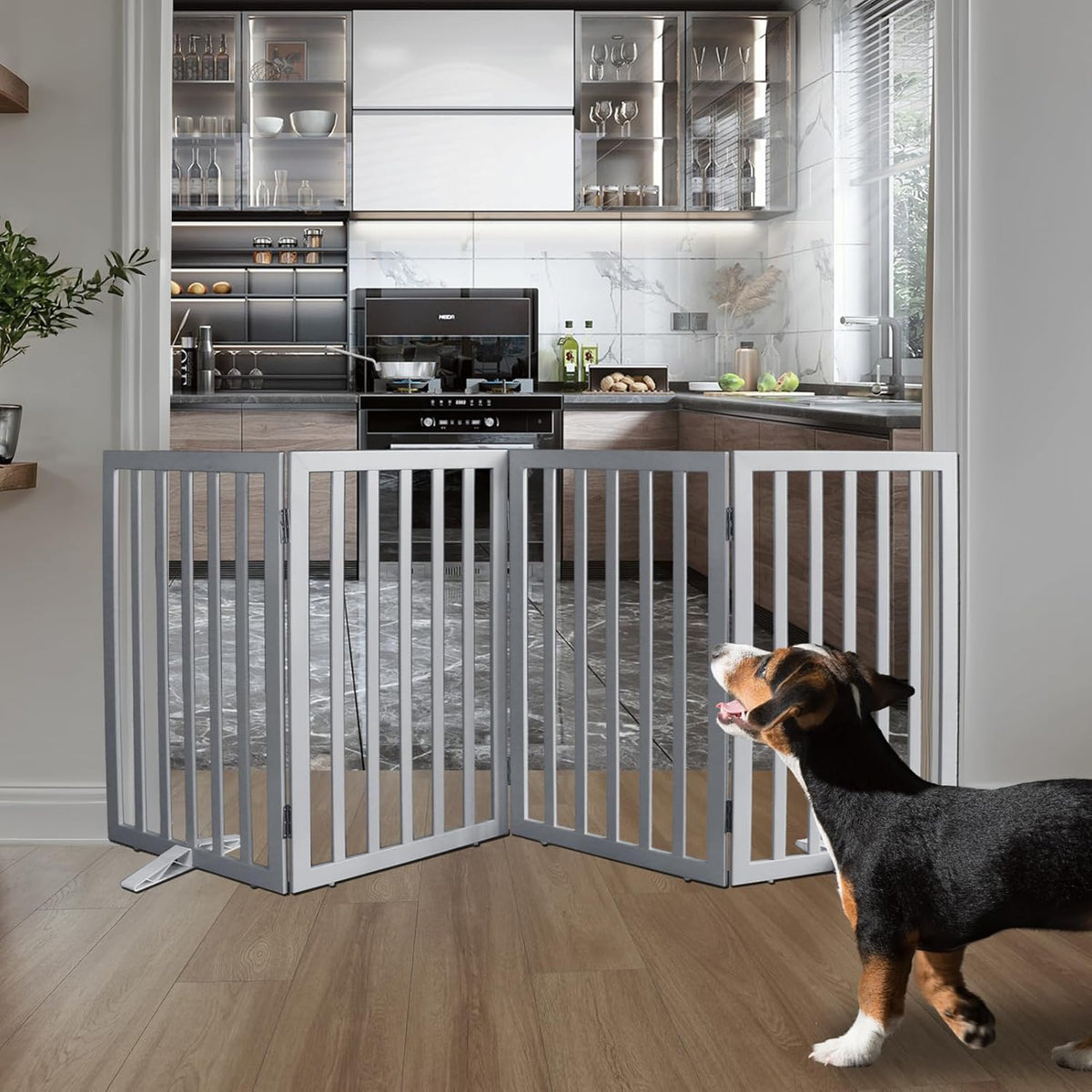 ZJSF Freestanding Indoor Dog Gate for House Foldable Wood Puppy Gate for Doorways Pet Gate for