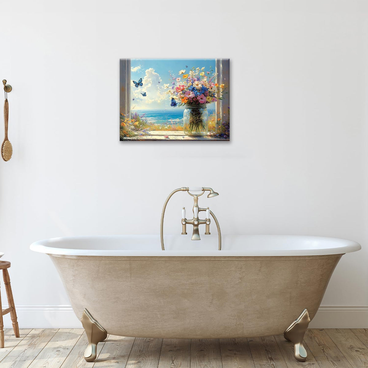 Beach Floral Bathroom Pictures Wall Art, Colorful Flower Bathroom Wall Decor, Coastal Ocean Framed