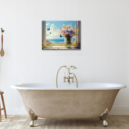 Beach Floral Bathroom Pictures Wall Art, Colorful Flower Bathroom Wall Decor, Coastal Ocean Framed