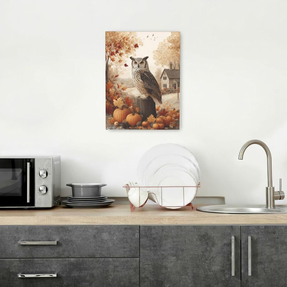 Fall Owl Wall Art Autumn Pumpkin Leaves Wall Decor Rustic Canvas Print Farmhouse Pictures Painting