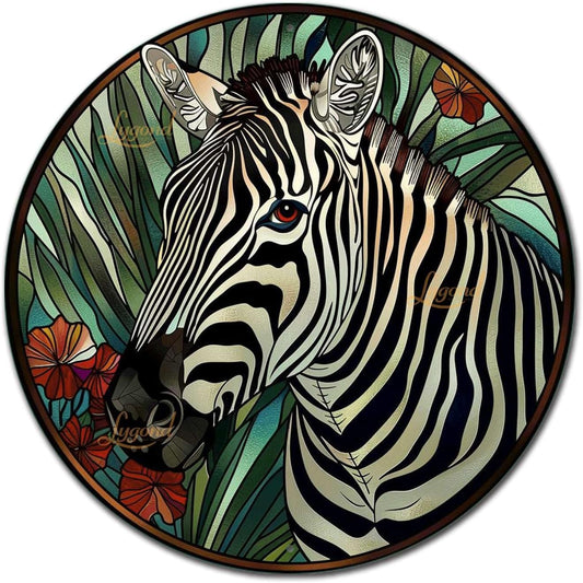 Lygond Metal Sign Tin Sign Circular Stained Glass Zebra Funny Bathroom Wall Decor for Gift 8×8