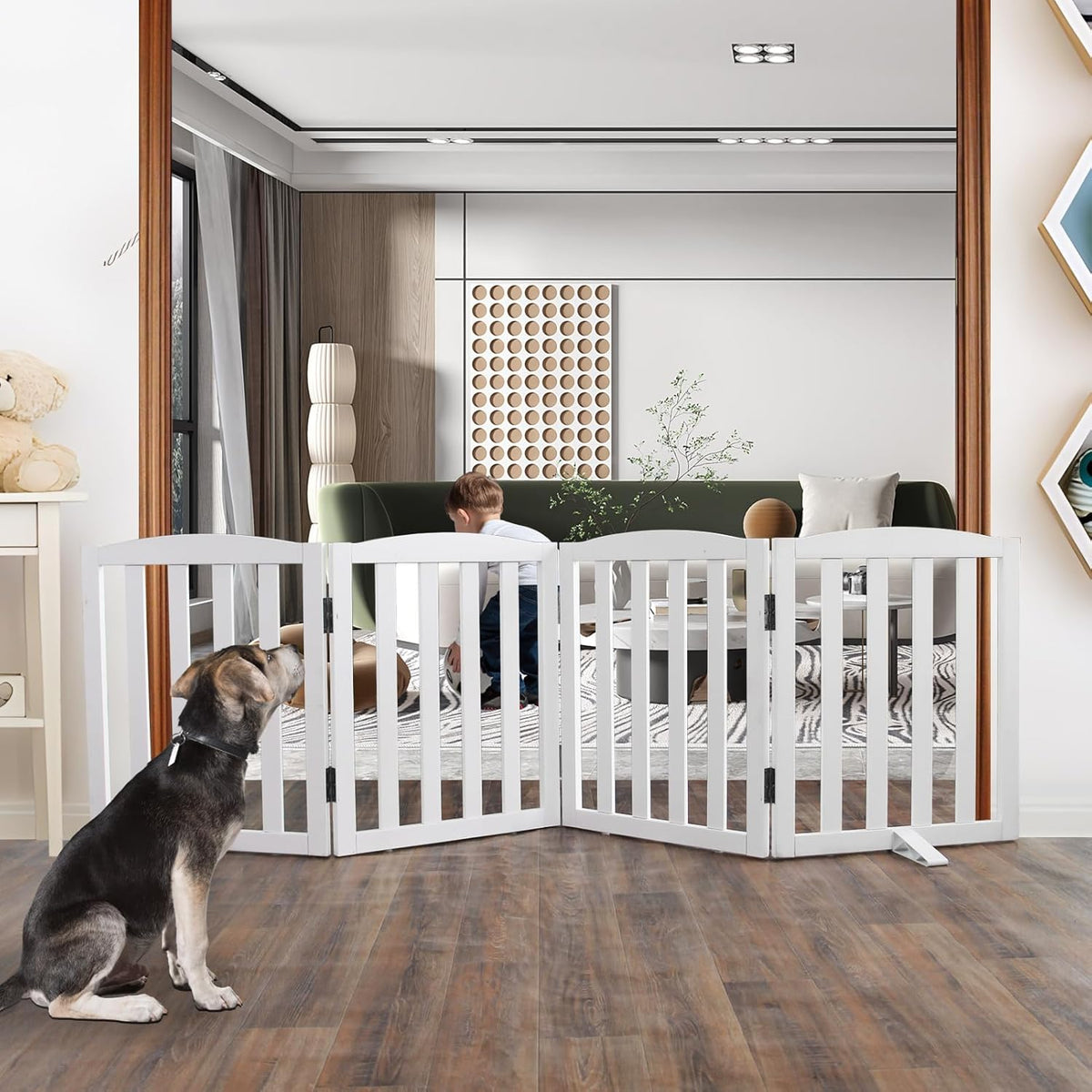 ZJSF Foldable Freestanding Indoor Dog Gate for House Wood White Long Pet Gates Dog Fence for Stairs