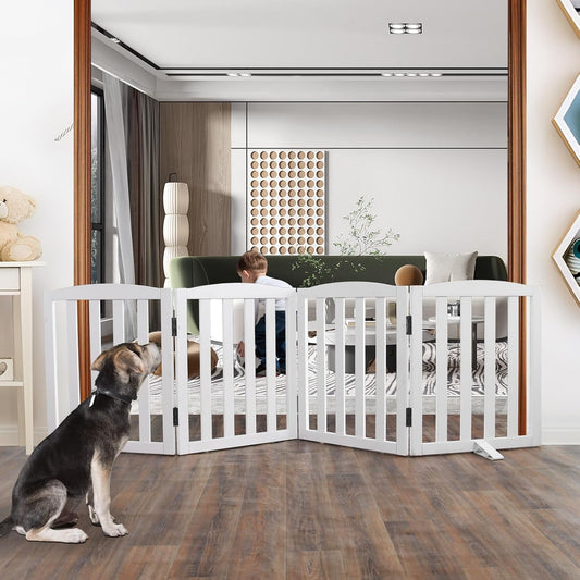ZJSF Foldable Freestanding Indoor Dog Gate for House Wood White Long Pet Gates Dog Fence for Stairs