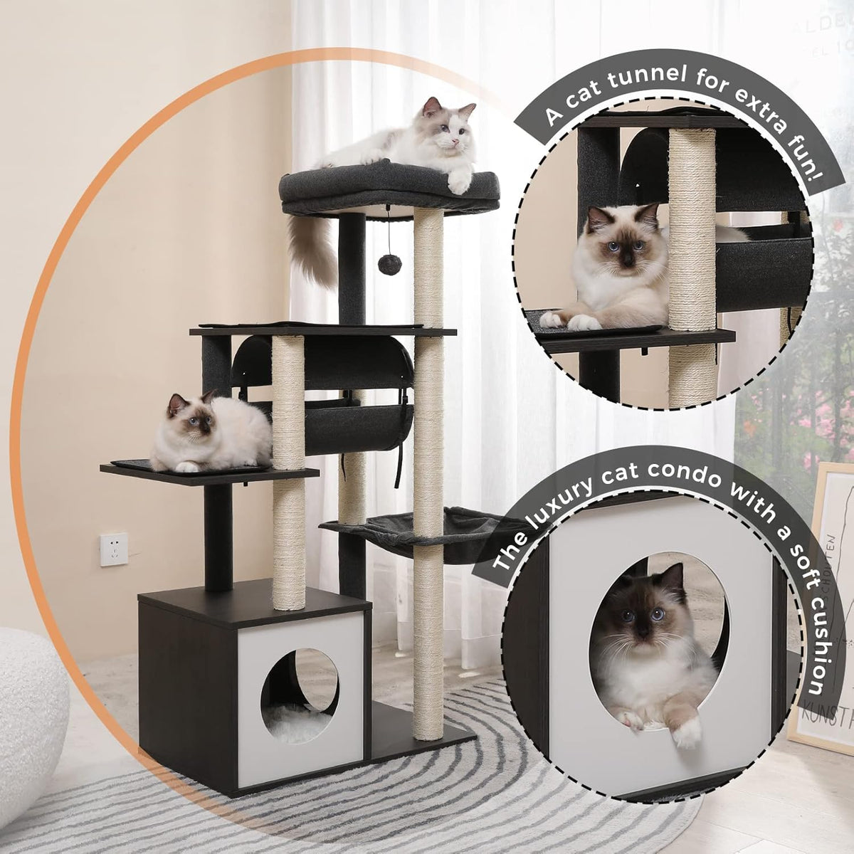 PEQULTI 51.4 Inches Modern Cat Tree Premium 6 Levels Wooden Cat Tower with Fully Sisal Covered