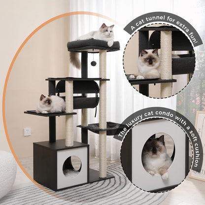 PEQULTI 51.4 Inches Modern Cat Tree Premium 6 Levels Wooden Cat Tower with Fully Sisal Covered