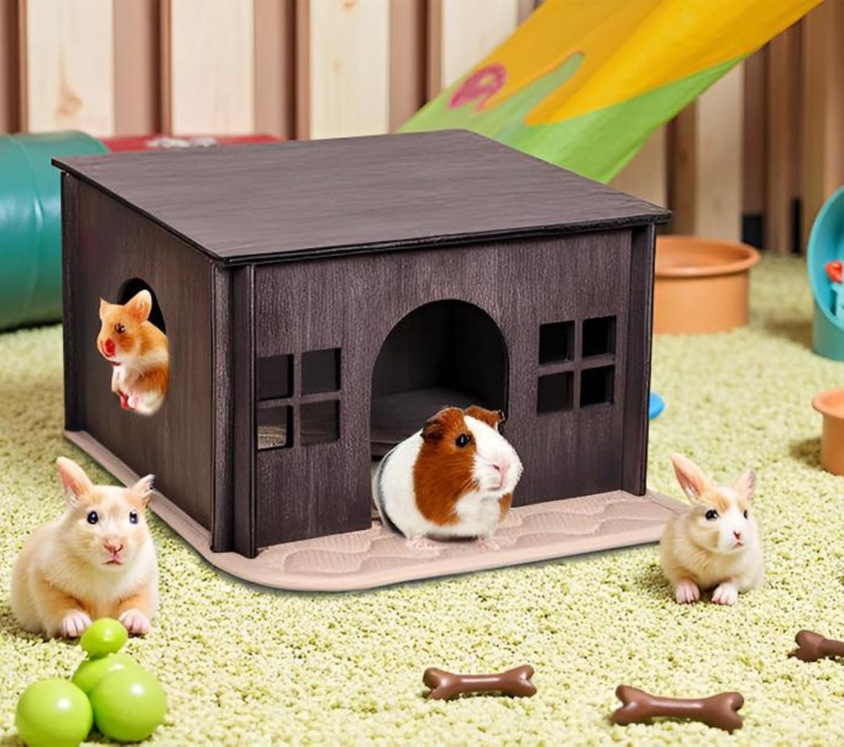 Wooden Guinea Pig House with Windows,Hamster Hideout, Large Size Suitable for Two Guinea Pig