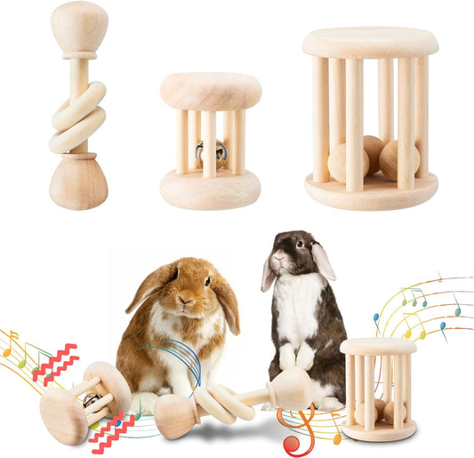 3 Pcs Wooden Bunny Toys - Safe Rabbit & Guinea Pigs Teeth Grinding Toys for Chinchillas, Hamsters &