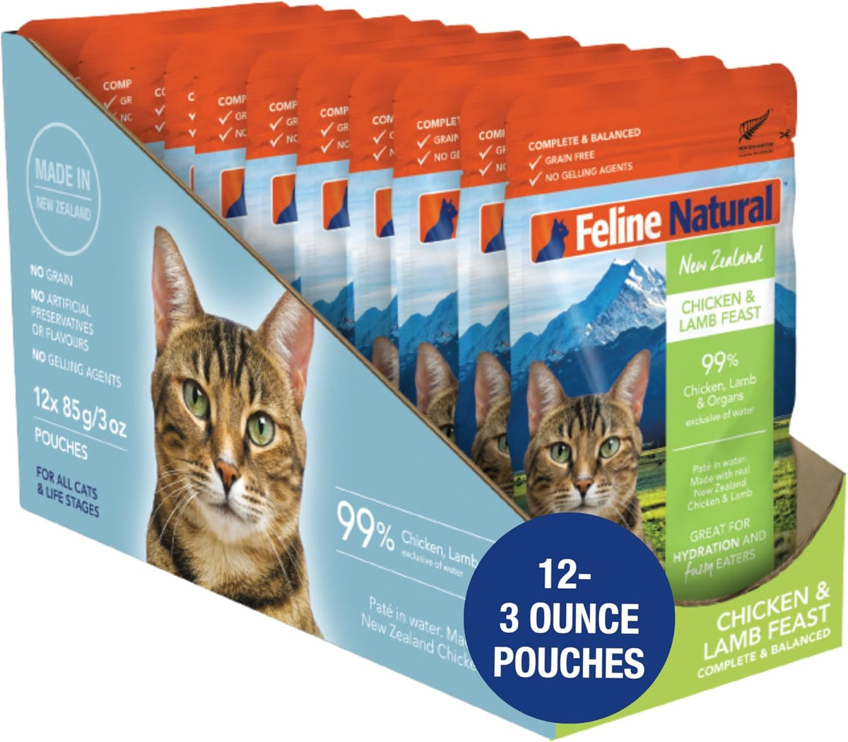 Feline Natural Wet Cat Food Pouch - Chicken & Lamb Feast, Grain-Free, Cage-Free & Grass-Fed, New