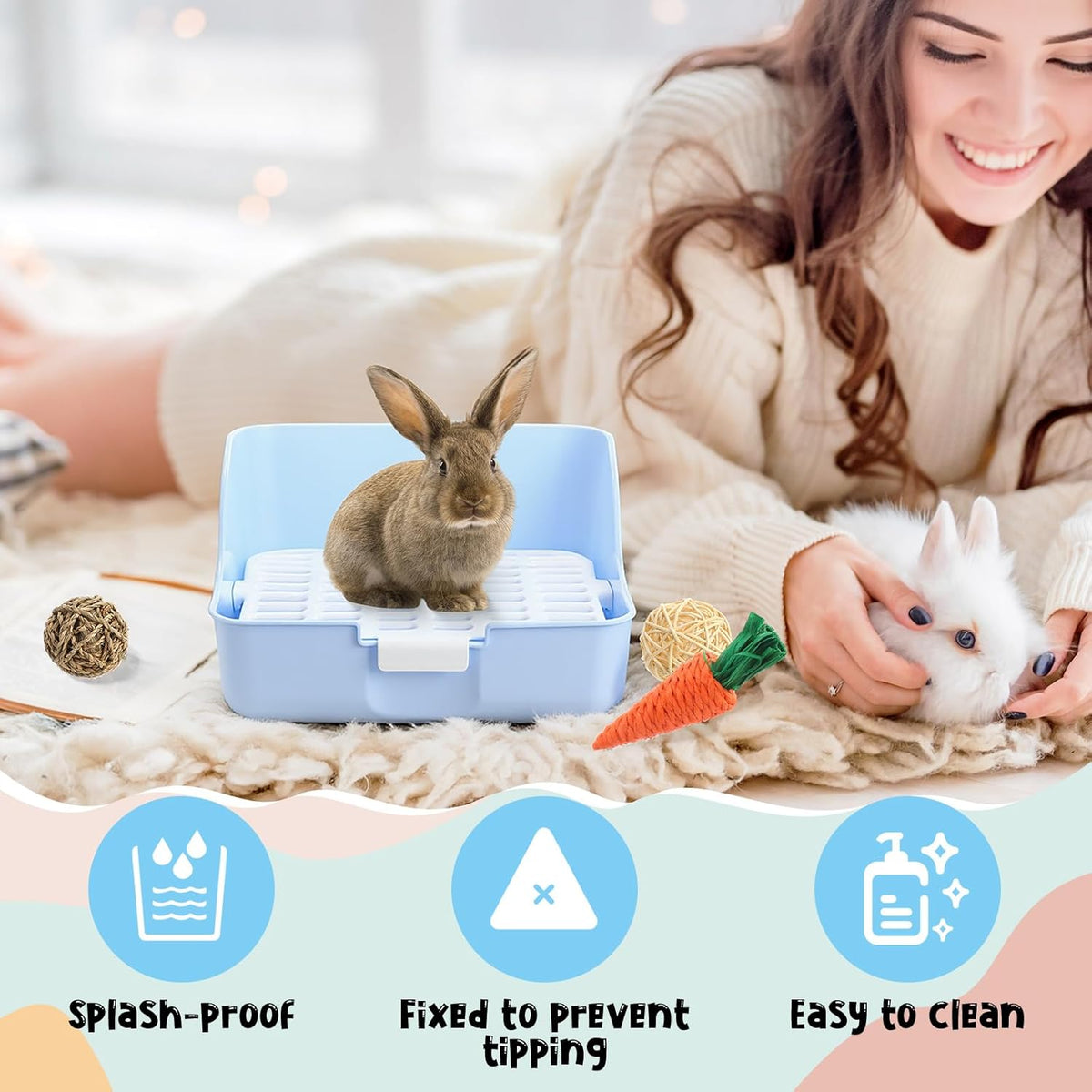 15 Pcs Rabbit Starter Kit Small Rabbit Litter Box Animal Grooming Kit Bunny Toys Bowl Blankets with