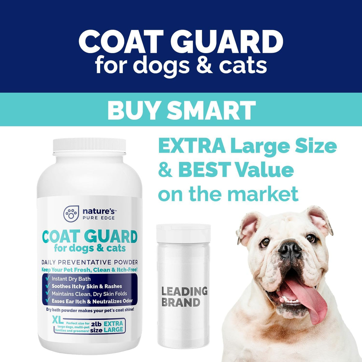 Coat Guard Dry Shampoo for Dogs and Cats - Extra Large 2 lbs Jar, Dog Dry Shampoo Powder, Waterless