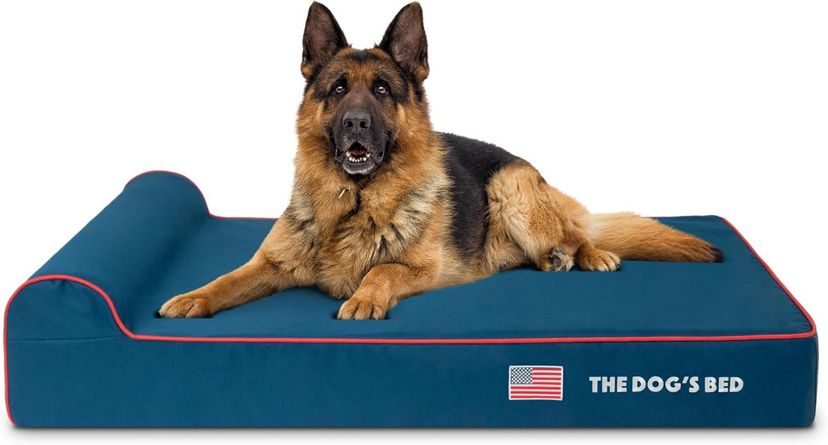 The Dog’s Bed Orthopedic Headrest Dog Bed XL Blue Oxford with Red Trim US Flag 46x28, Memory Foam