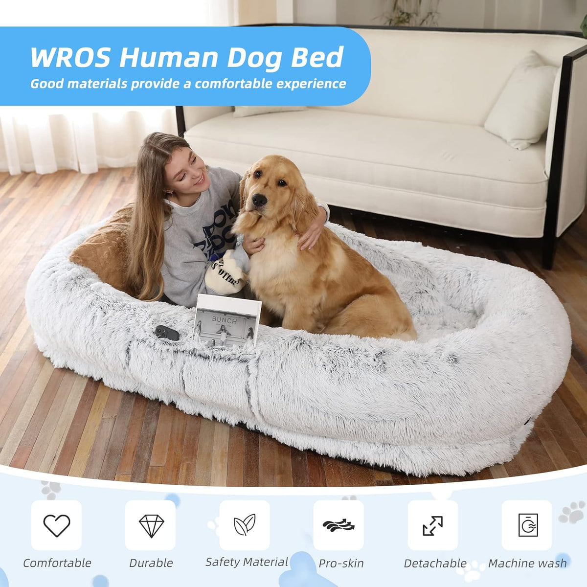 Human Dog Bed - 71"x45"x12" Fits You & Pets, Washable Faux Fur, Orthopedic, Plump Pillow, Blanket