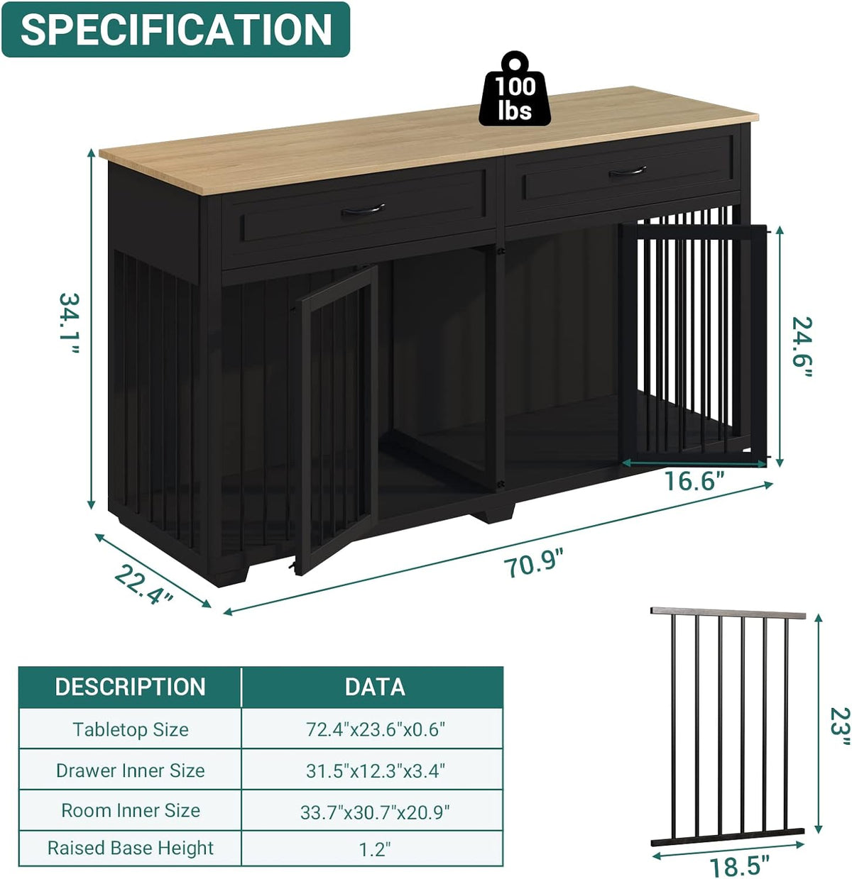 Large Dog Crate with Double Rooms, 72" Heavy Duty Wooden Dog Cage Furniutre Dog Crate Kennel