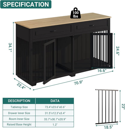 Large Dog Crate with Double Rooms, 72" Heavy Duty Wooden Dog Cage Furniutre Dog Crate Kennel