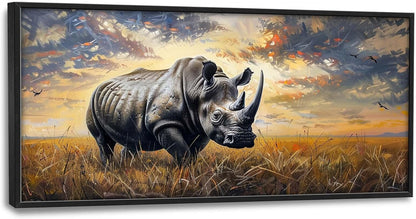 Rhino Large Wall Art Rustic Cool Wild Animal Rhinoceros Pictures Sunset Field Landscape Wall Decor