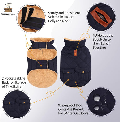 Queenmore Warm Puffer Dog Coat, Quilting Winter Jacket Ultra Thick Plush Lining with Storage