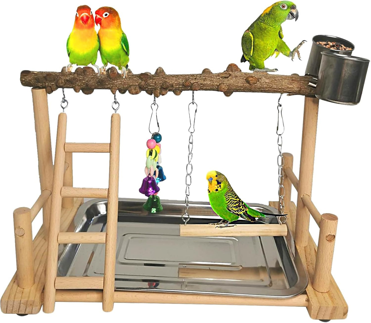 Hamiledyi Parrot Playground Bird Playstand Wood Exercise Play Perch Exercise Gym with Feeder Cups