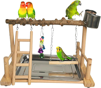 Hamiledyi Parrot Playground Bird Playstand Wood Exercise Play Perch Exercise Gym with Feeder Cups