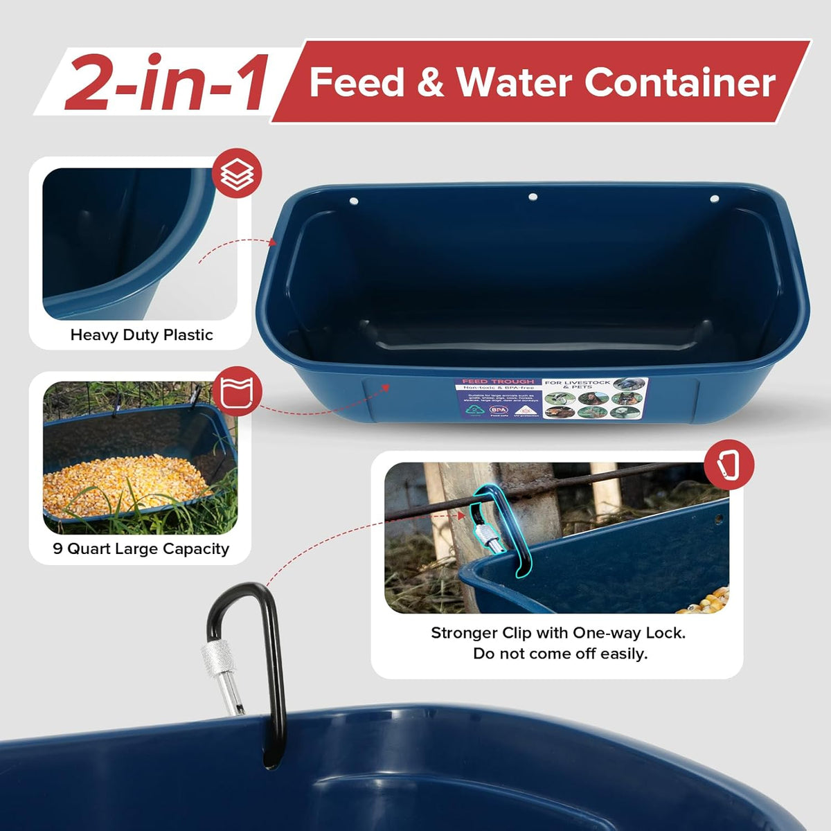 Goovilla Large Feed Trough, Hanging or Screw-in Fence Feeder with Clips, 2 Pack 9 Quart Goat Feeder