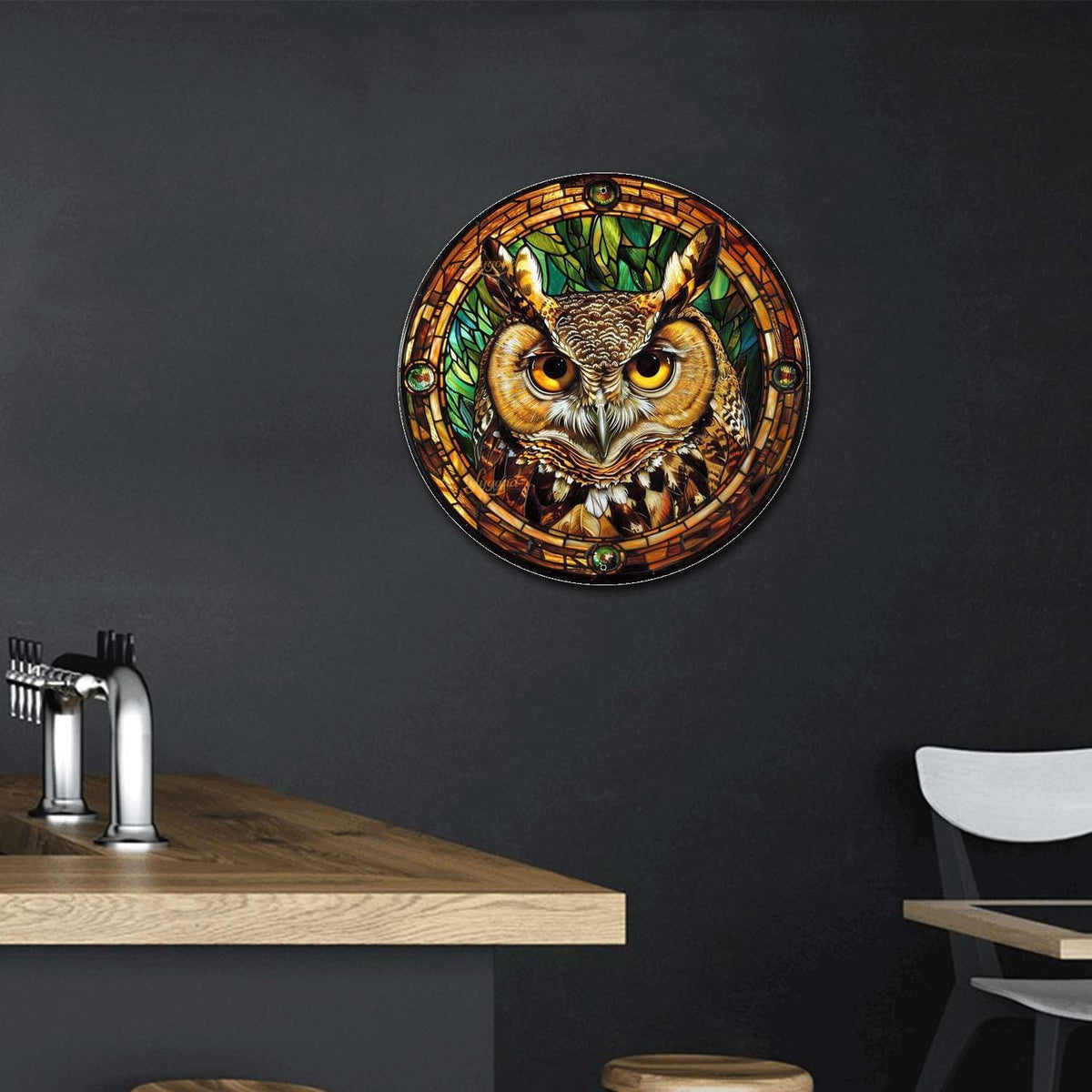 Lygond Metal Sign Tin Sign Circular Stained Glass Owl Home Deccor Store Home Decor for Patio 12×12