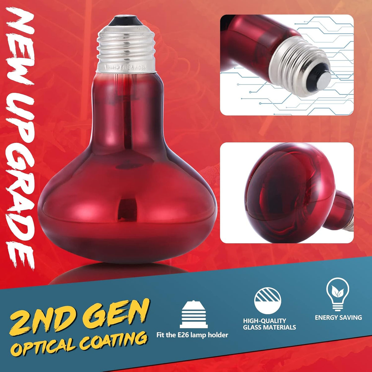 LUCKY HERP 100W Reptile Heat Lamp Bulb 2 Pack, Amphibian Infrared Basking Spot Light Bulb, Red Heat