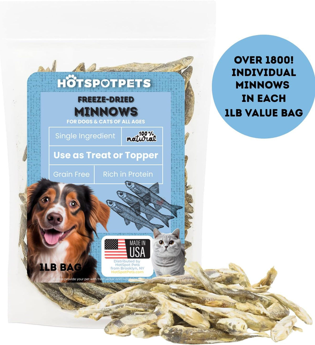 hotspot pets Freeze Dried Minnows Treats for Cats & Dogs (1 Pound Bag Over 1800 PCS!) (Made in USA)