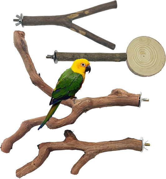 Allazone 4 PCS Natural Wood Bird Perch Stand, Bird Parrot Perch Stand Set, Wooden Parrot Perch