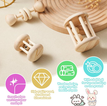 3 Pcs Wooden Bunny Toys - Safe Rabbit & Guinea Pigs Teeth Grinding Toys for Chinchillas, Hamsters &