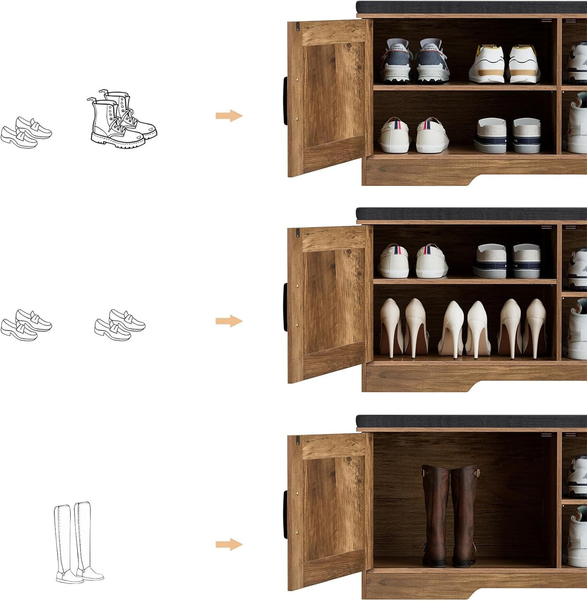 2-Tier Storage Bench, Shoe Bench with Padded Seat Cushion, Entryway Bench with 2 Barn Doors