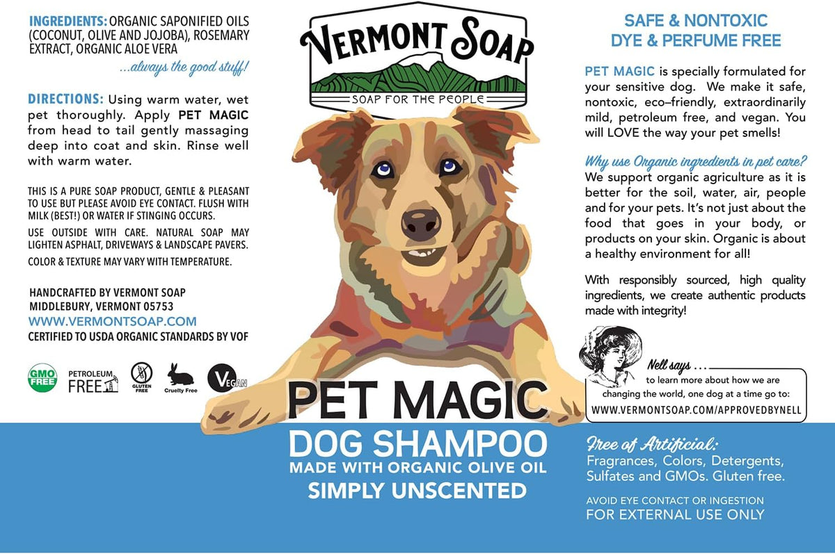 VERMONT SOAP Organics Pet Shampoo - Infused with Organic & Natural Olive Oil, Coconut & Aloe Vera