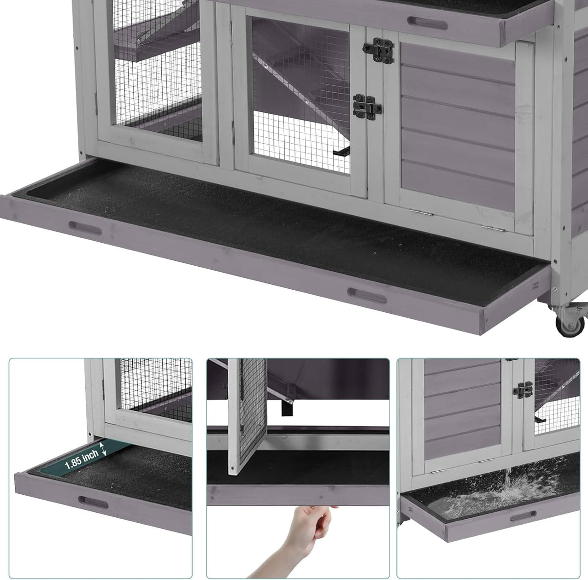 2-Tier Indoor Rabbit Hutch Bunny House Guinea Pig Cage with Sliding Plastic Trays, Wheels & Ramp